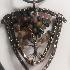 Crystal shield tree pendant necklace on black cord chain